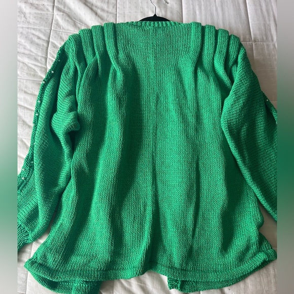 Vintage 80s Hand Knit Green Pearl Embellished Elegant Twinset S/M - Picture 12 of 16